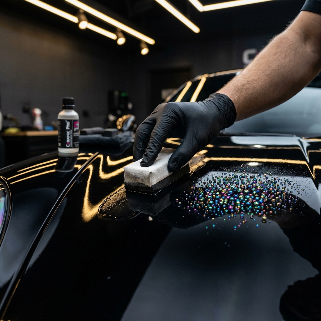 Ceramic coating application on luxury vehicle in Bellevue